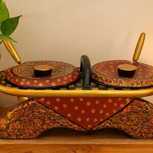 Lisa K Lowy Hand Painted Serving Set | Whimsical Checkerboard & Dot Wood Dip Ser